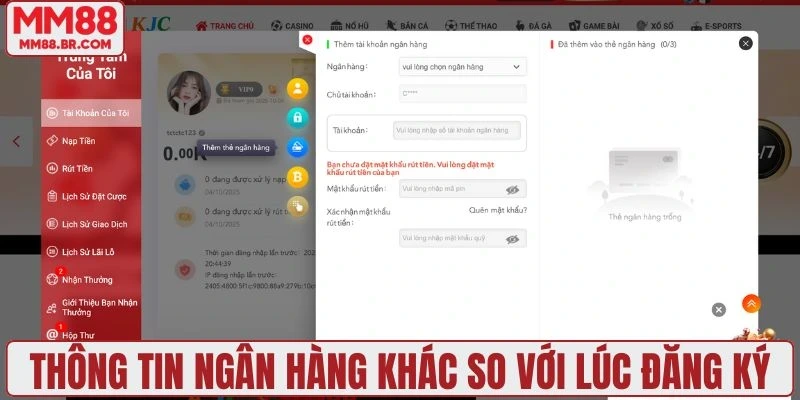 Thông tin ngân hàng khác so với lúc đăng ký